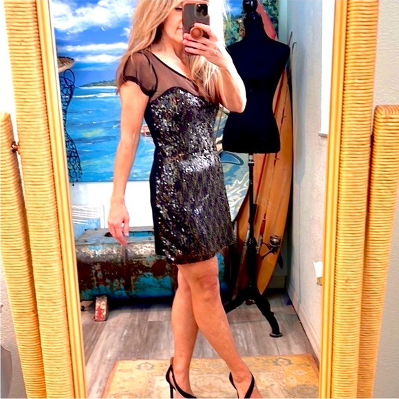 Bell du Jour Black Sequin Mesh Illusion Cocktail Mini Dress Party  Size XS - Picture 3 of 7